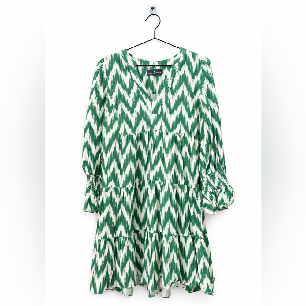Pomander Place Green and White Ikat Tiered Midi Dress